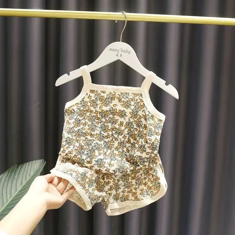 Baby Clothes Sets Summer Toddler Girl Strap Suits Cotton Printing Baby Boy Tops Tee and Shorts Infant Tracksuit Newborn Sets