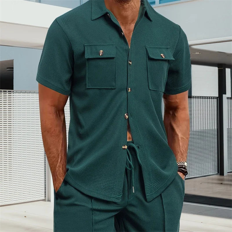 Men s Casual Short Sleeve Button Down Shirt with Turn-down Collar Solid Color Summer Top for Daily Wear and Outings