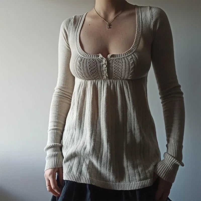 2000s Vintage Long Sleeve Babydoll Knitted Sweater Tops Cottage Milkmaid Pullovers Aesthetic Grunge Y2k Knitwear T-shirts Women
