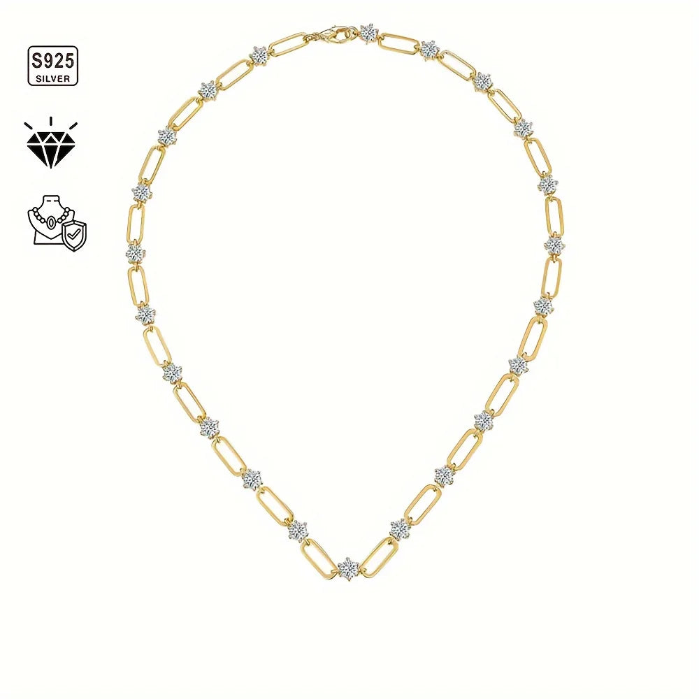 1pc S925 Silver Plated 18K Gold 12CT Moissanite Hip Hop Simple Unisex Paper Clip Necklace, Moissanite Gemstone Jewelry | Gifts f