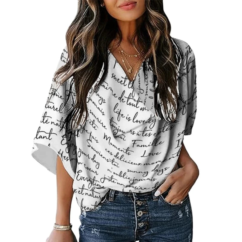 Fashion Women's Clothes Summer New Loose Short Sleeves Letter Print Shoulder Pad Heaps Collar T-Shirts Tops Casual Female