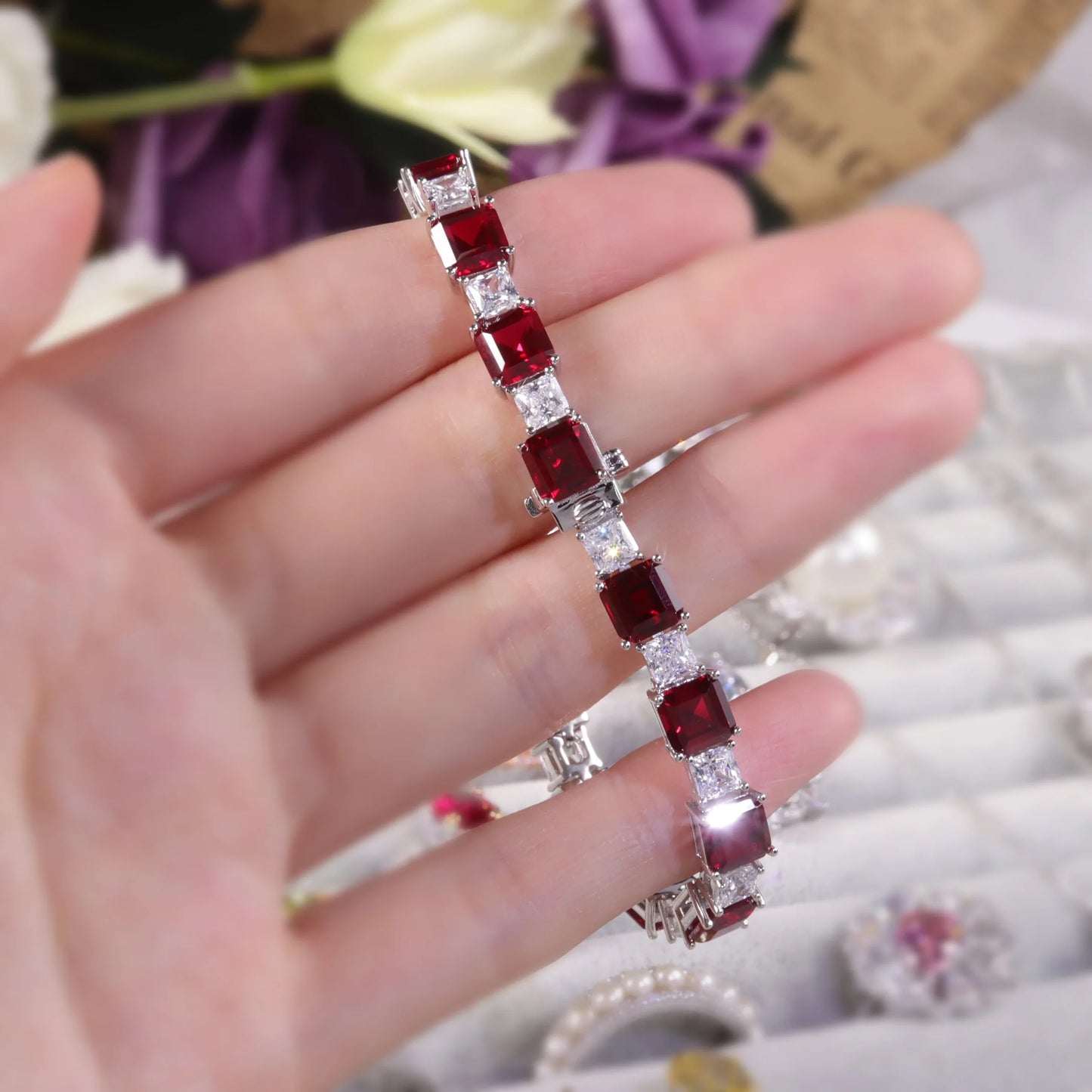 GEM'S BALLET Square Princess Cut Lab Created Ruby Tennis Bracelet Real Sterling Silver 925 Fancy Party Wear Bracelet Gift