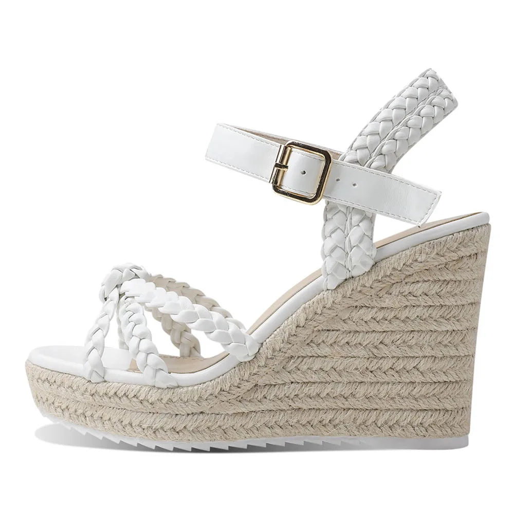 GIGIFOX Straw Woven High Wedges Heel Waterproof Platform Women High-heeled Sandals Round Toe ThicK Buckle Strap Bohemia Shoes