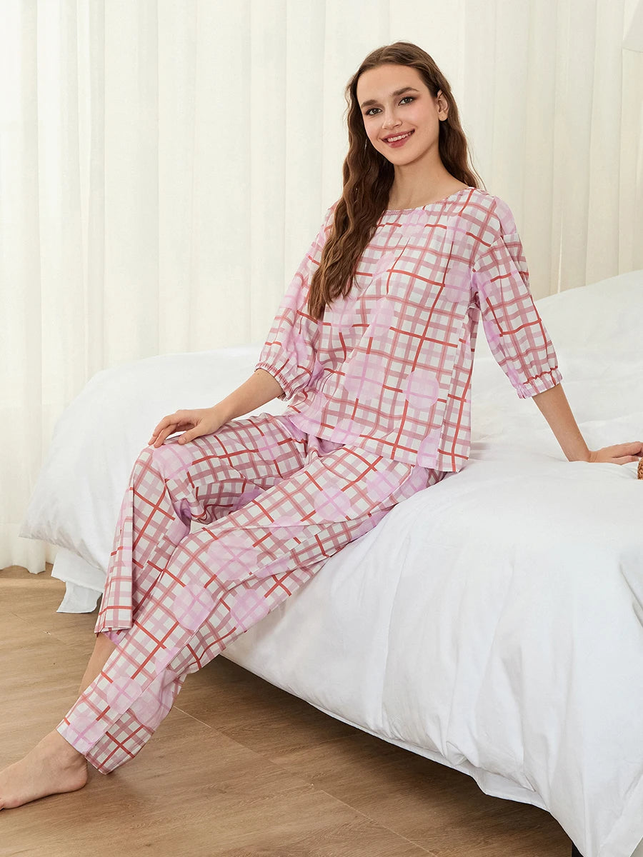 Women s Cozy Plaid Lounge Set with 3 4 Balloon Sleeves and Elastic Waist Pants - Scoop Neck Top and Long Bottoms for Fall