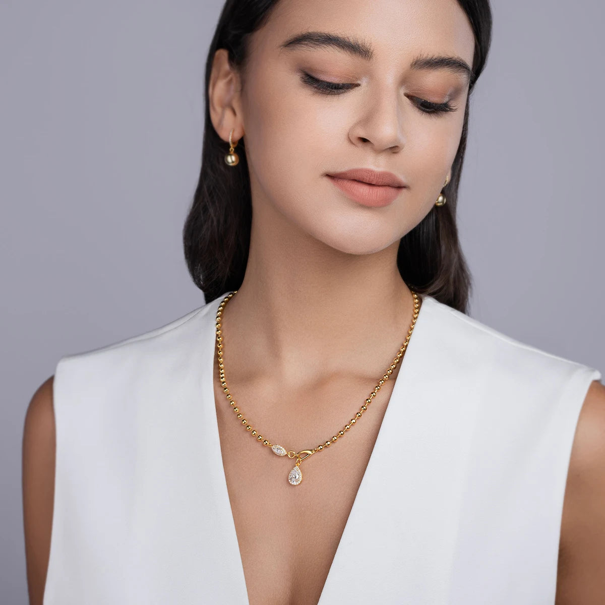 JIUZUAN Moissanite Pendant Necklace Beaded Chain 925 Sterling Silver 18K Gold Plated Elegant Gift Comes with GRA Certificate