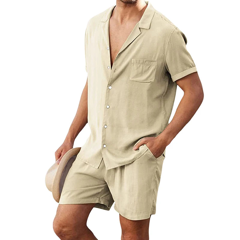 Men s Casual Two Piece Linen Outfit with Short Sleeve Button-up Shirt and Elastic Waist Shorts in Solid Color