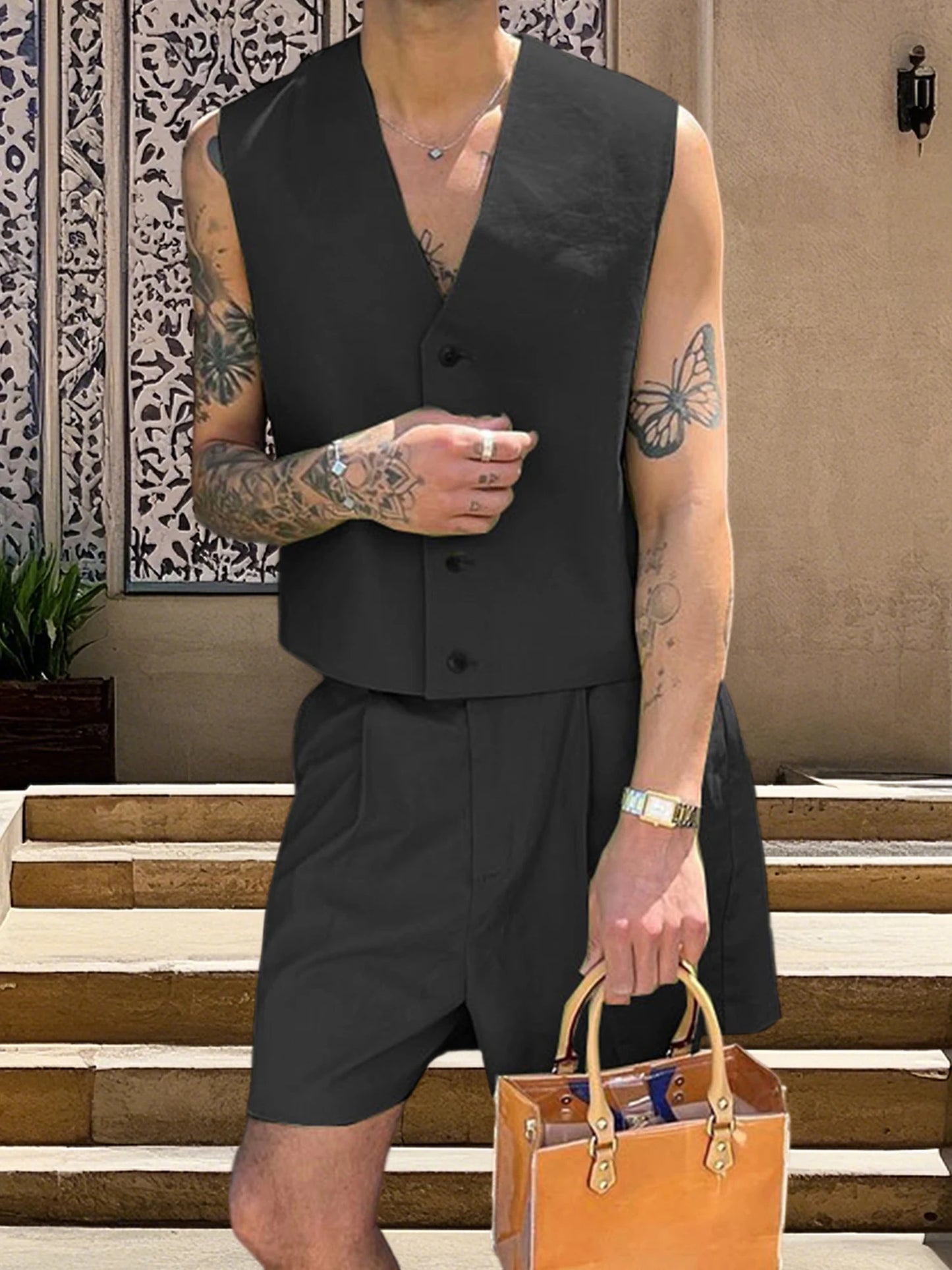 Stylish Men s Summer Ensemble Solid Color V Neck Button Up Vest Top and Wide Leg Shorts 2-Piece Outfit for a Fashionable Look