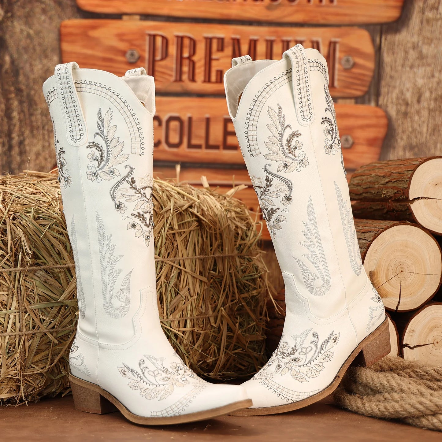Cowboy Boots for Women - Wide Calf Knee High Western Cowgirl Boots, Sparkly Rhinestone Retro Country Boots White