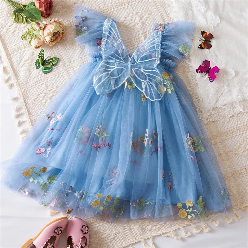 Summer Girls' Princess Party Birthday Dress Sweet Baby Girls Dress Back Bow Wings Fairy Strap Embroidered Butterfly Mesh Dress