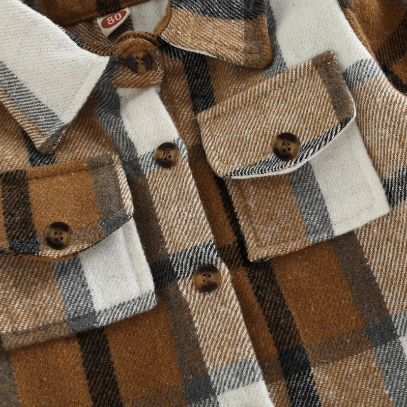 Children s Plaid Shirt Jacket with Lapel Collar Long Sleeves and Button-Up Front - Stylish Coat for Boys and Girls