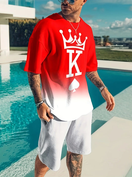 Men's trendy round neck short-sleeved shorts two-piece suit, 3D digital printing high-definition pattern, summer leisure and com