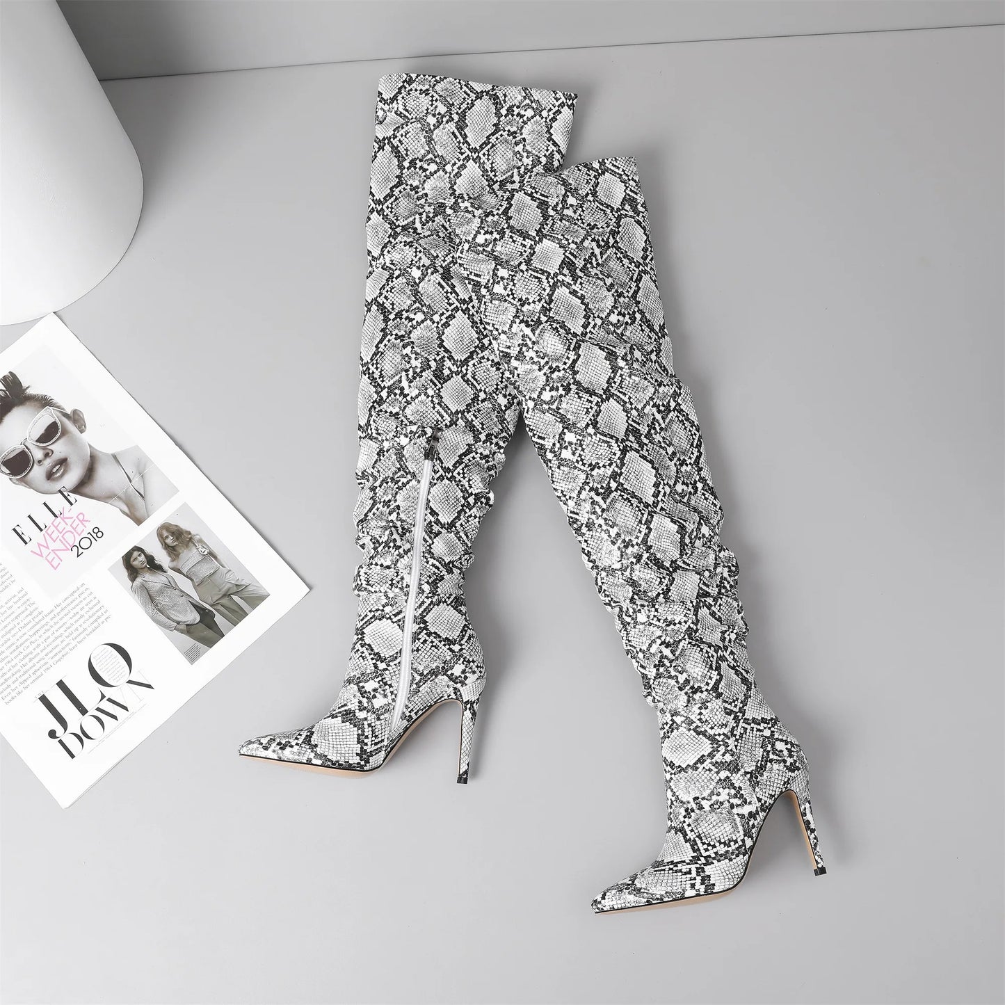 Snakeskin Boots knee high boots women Sexy Stunning and Stylish Exquisite Pointed Toe Fine High Heels Pleated