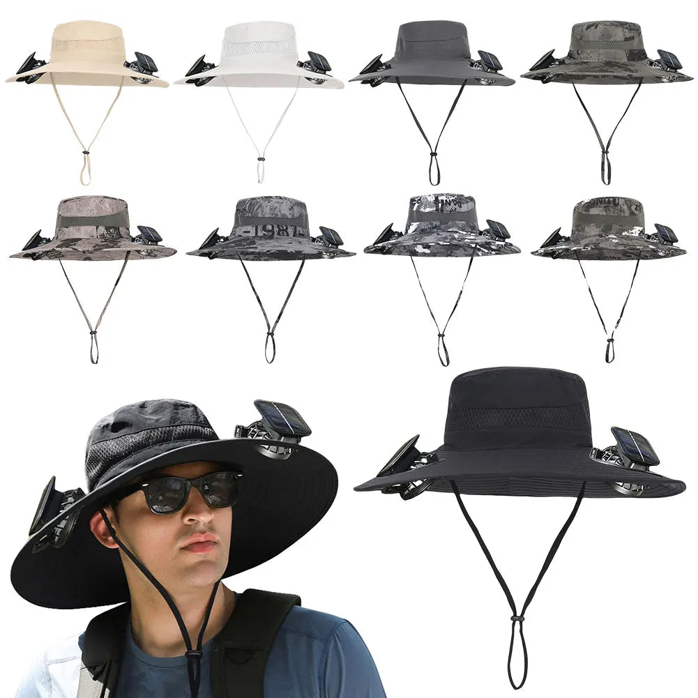 Wide Brim Outdoor Sun Hat with 2 Solar Fan Wide Brim Bucket Hat Fisherman Hat for Men Swim Hat Outdoor Fishing Hat USB Charging