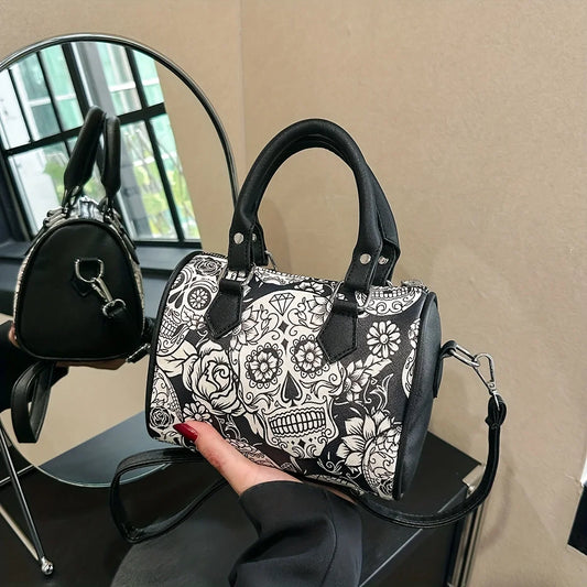 Flower Skull Print Handbag, Halloween Party Ghost Boston Bag, Trendy Small Crossbody Purse