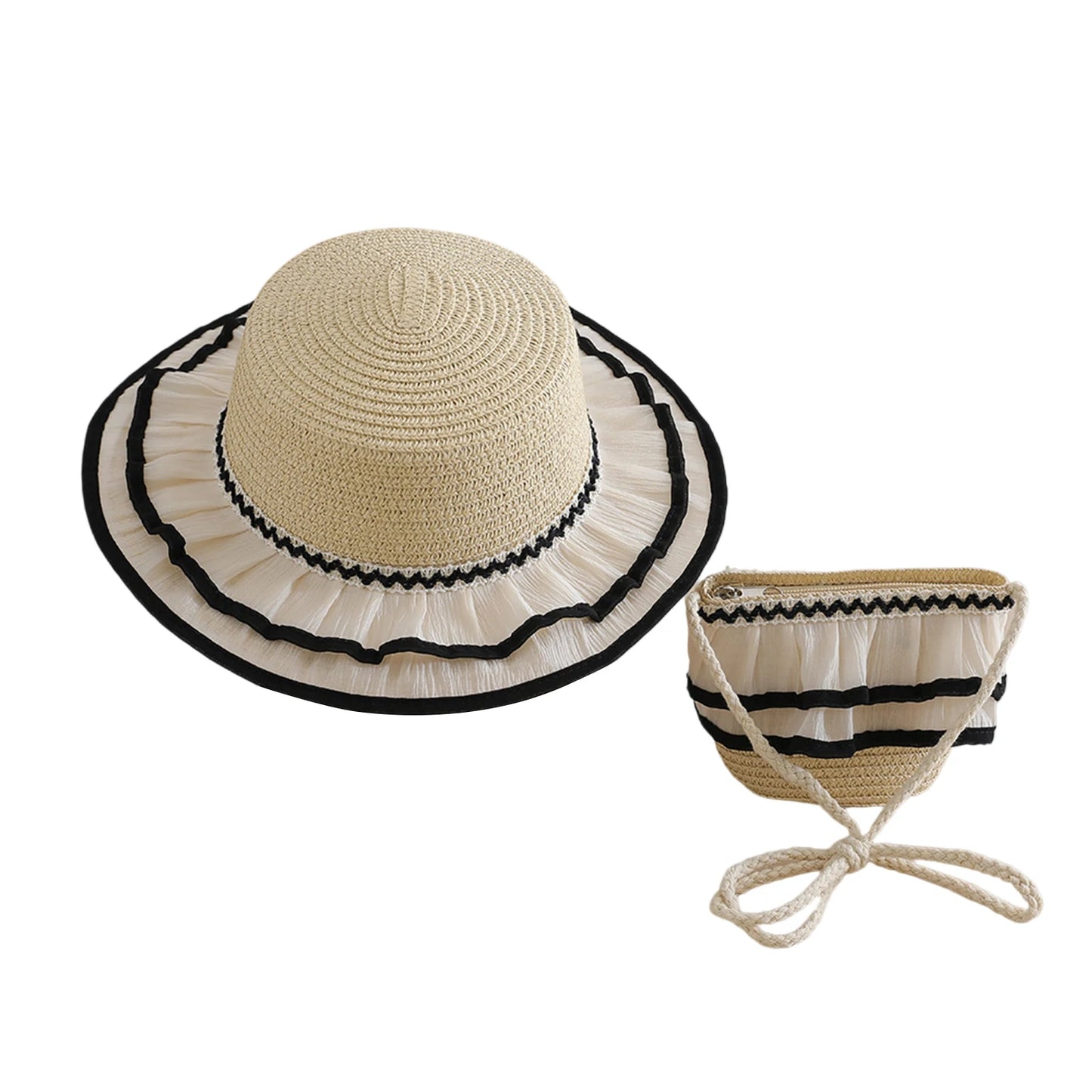 Children s Girl Patchwork Wide Brim Straw Hat and Bag Set for Summer Beach Vacation - Adorable Sun Protection Accessories for