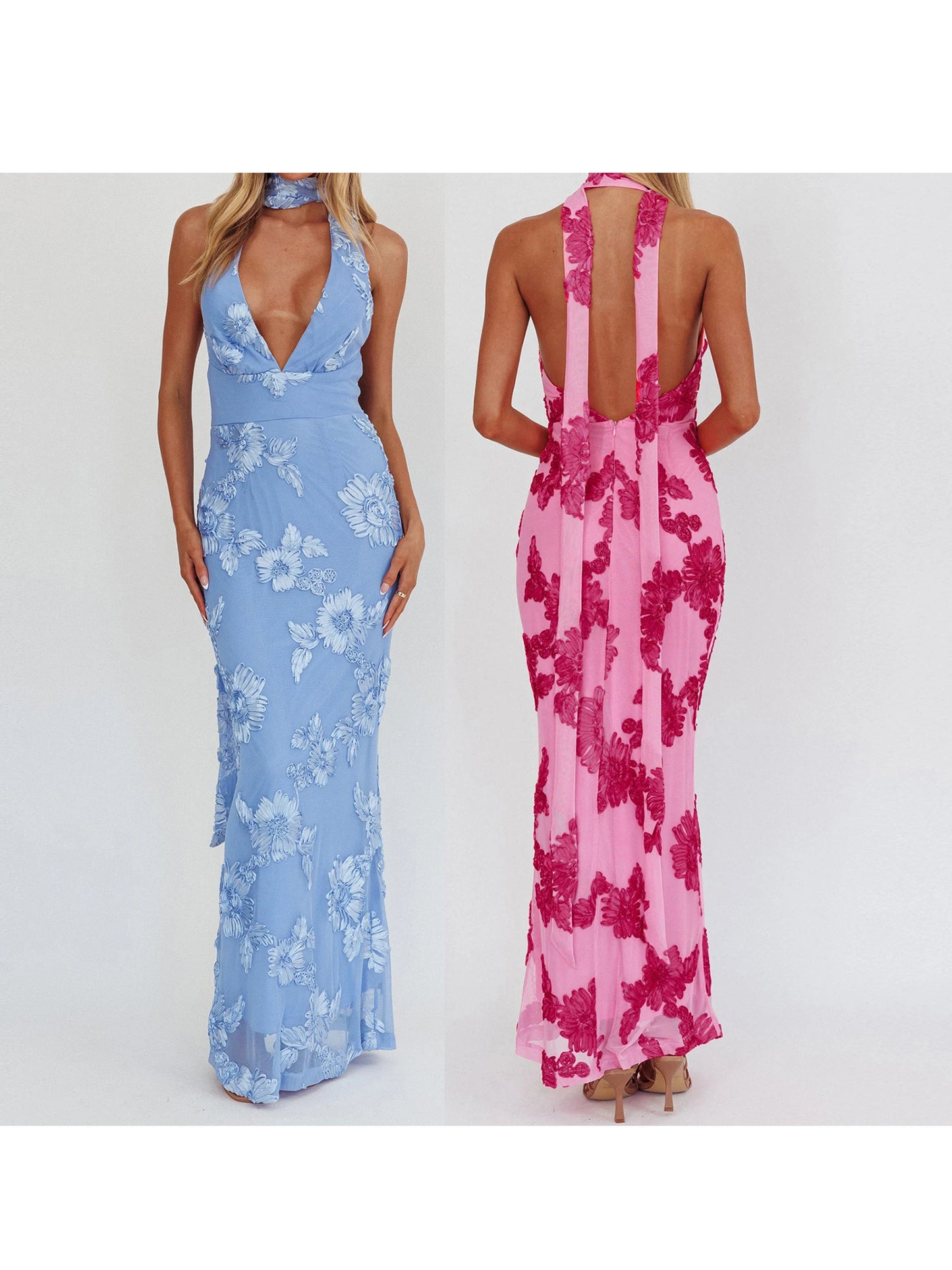 Elegant V-Neck Maxi Dress with Lace Detailing Sleeveless Backless Evening Gown for Formal Events and Weddings