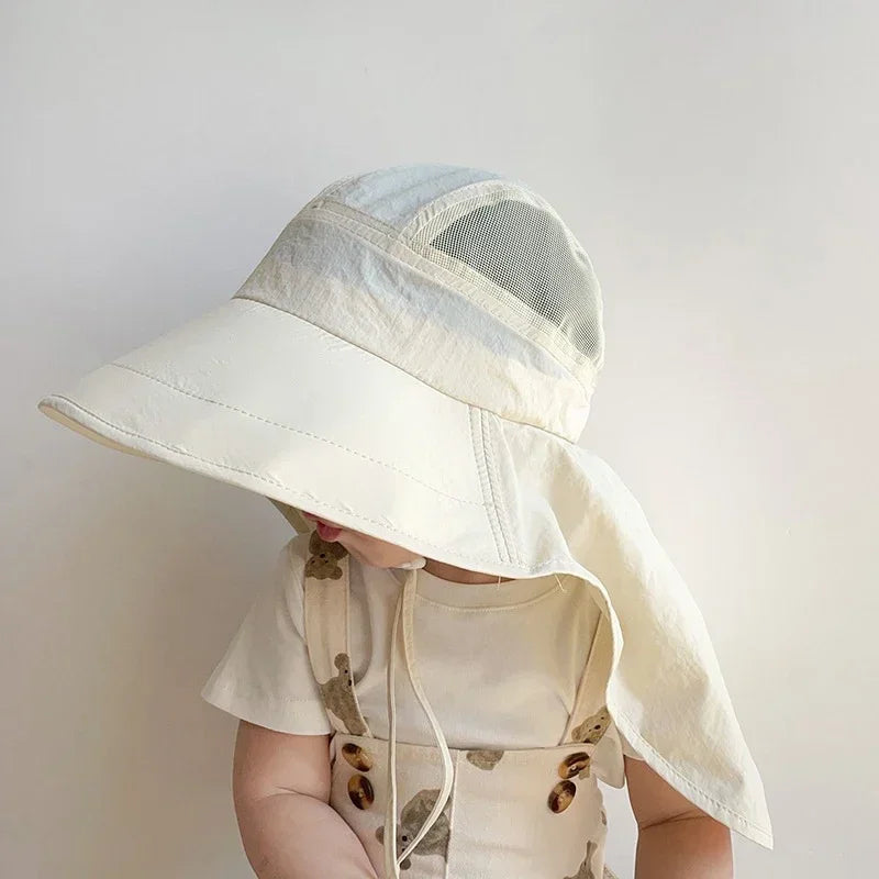 Solid Color Summer Sun Hat for Boy Girl Korean Big Brim Fisherman Cap Kids Quick Dry Mesh Anti UV Beach Cap with Neck Cover