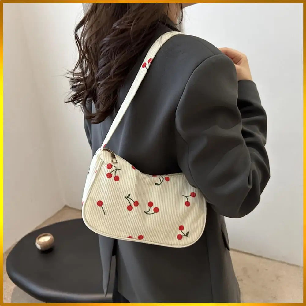 Women Girls Corduroy Cherry Underarm Bag Zipper Closure Purse Tote Cute Purse Shopper Bag for Work Travel