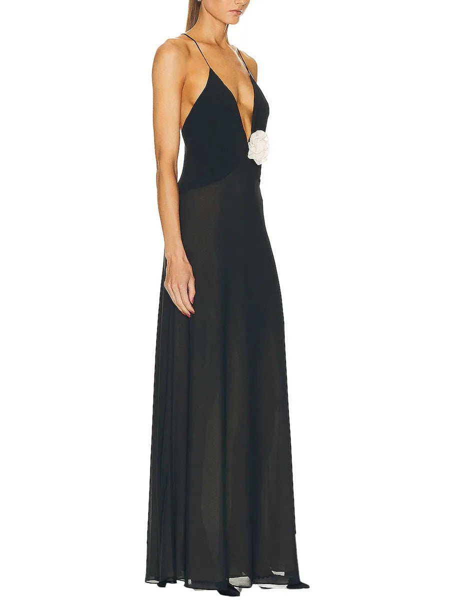 Elegant Women s Sleeveless V Neck Maxi Dress with Floral Embellishments for Summer Evening Parties and Events