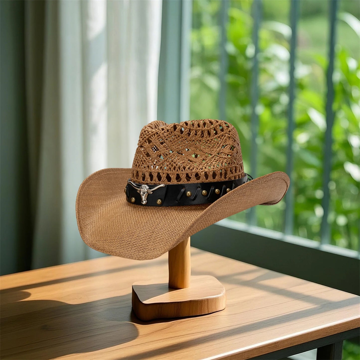 Women s Vintage Western Style Cowgirl Hat with Embroidered Bull Head Design Wide Brim Sun Hat for Outdoor Events and Festivals