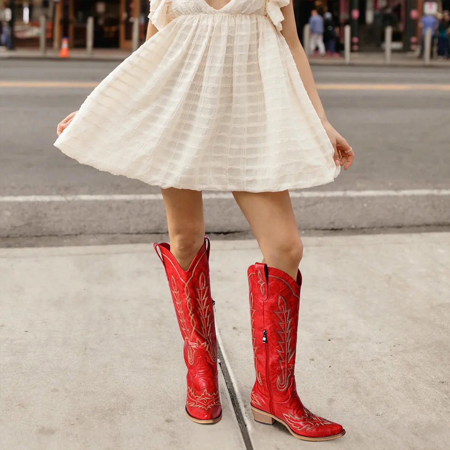 Cowboy Boots for Women - Knee High Embroidered Western Cowgirl Boots, Pointed Toe Chunky Heel Retro Country Boots, Red