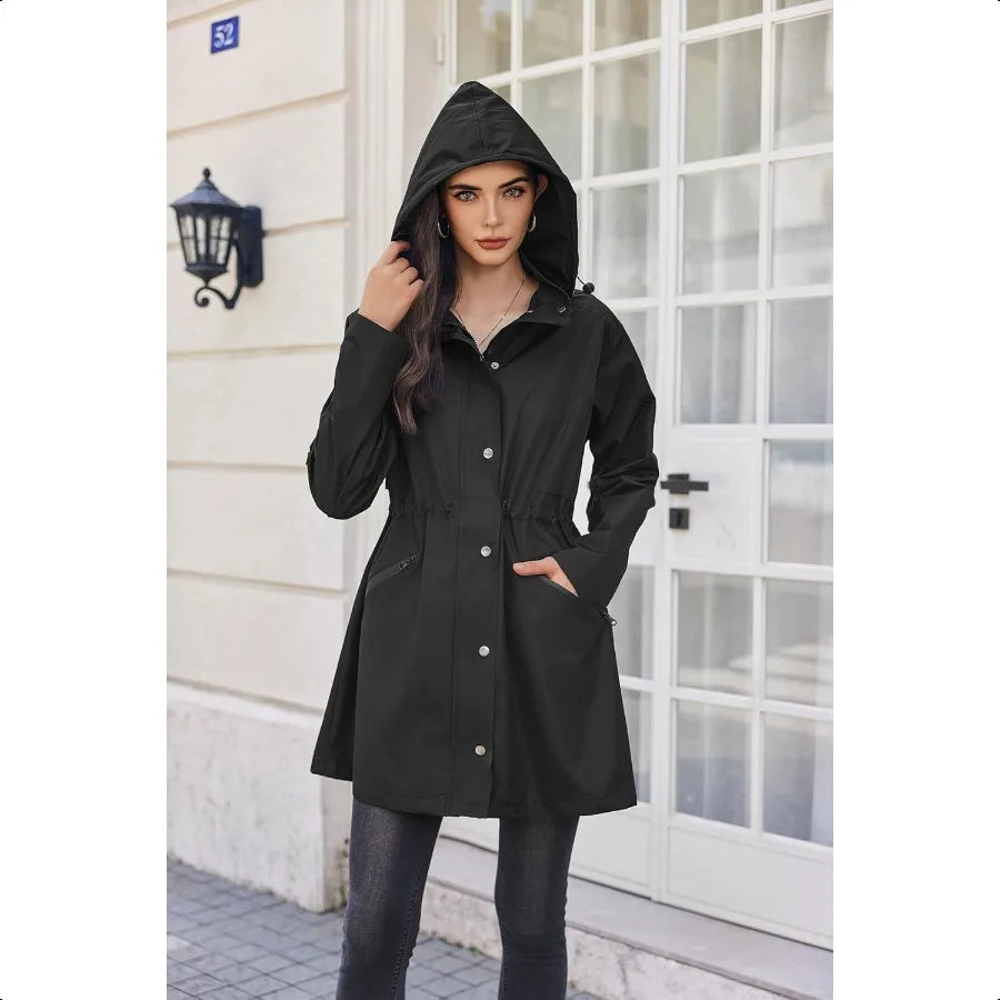 Zeagoo Raincoat Women Waterproof Long Hooded Rain Jacket Trench Coats Windbreaker Travel Jacket