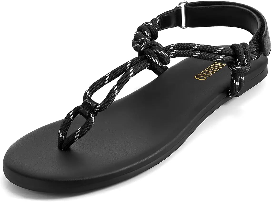 Rope Thong Sandals for Women Beach Flip Flops Comfortable Ankle Strap Slip-On Flat Sandals