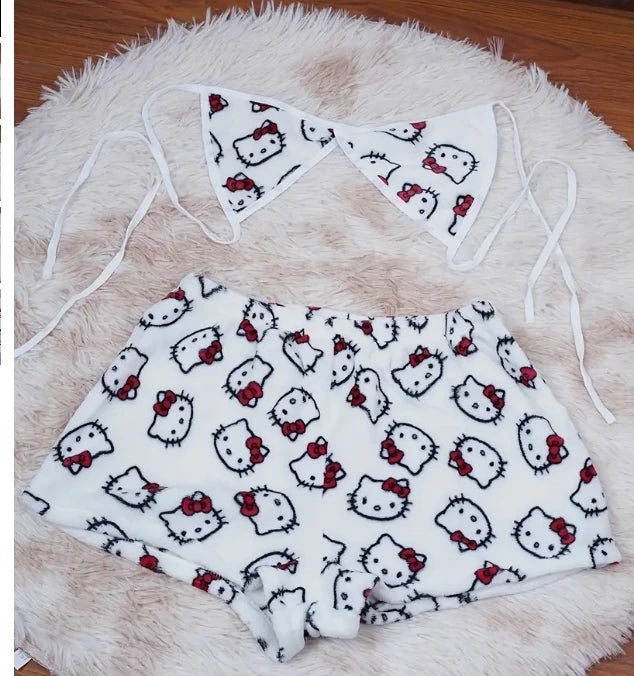 Sanrio Cartoon Hello Kitty Loose Ladies Pajama Suits Womens Sleep Bottoms Lounge Summer Beachwear Home Wear for Women Two-Piece