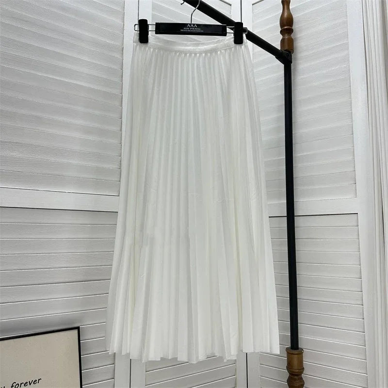 2025 Women Elegant Pleated Skirt High Waist Women Mid-long Skirt Female Ladies High Quality Women Midi Skirt Black Saia