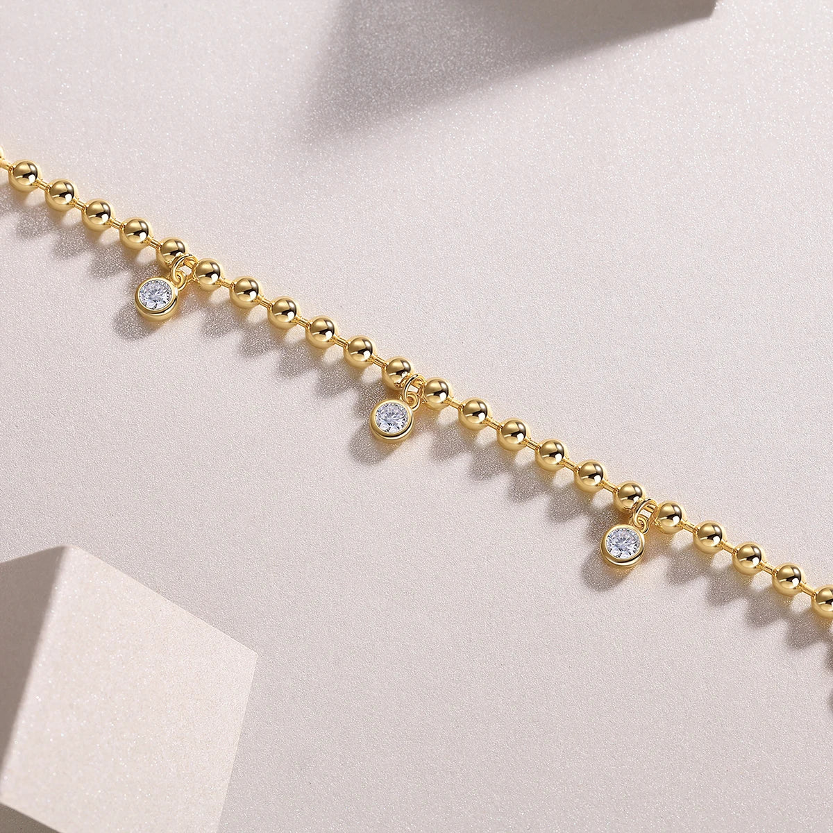JIUZUAN Moissanite Bracelet Gold Plated Beaded Chain 925 Sterling Silver Fashion Jewelry for Women Comes with GRA Certificate