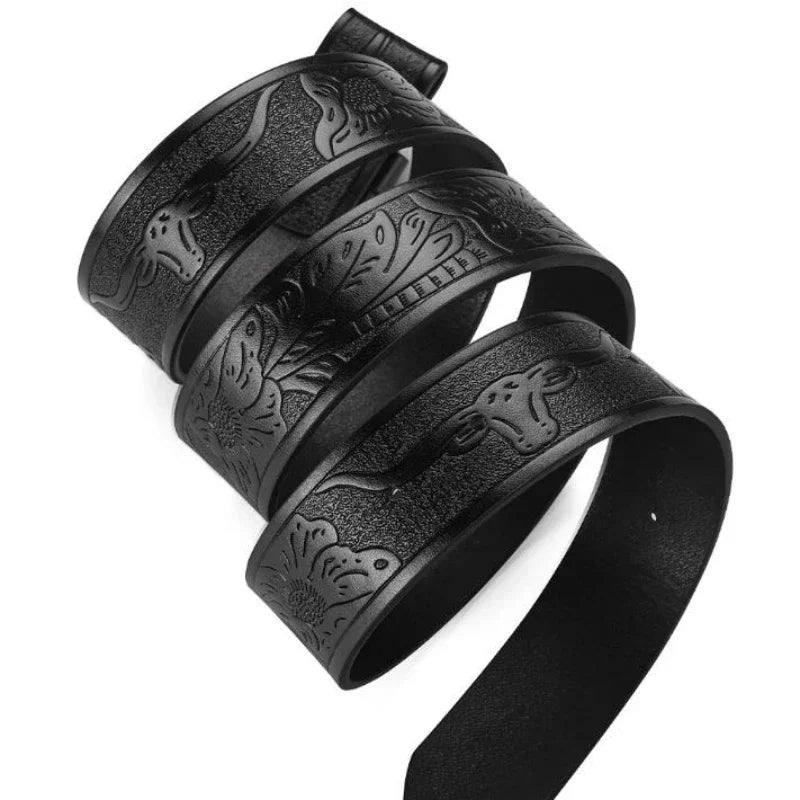 New Men's Western Cowboy Belt - Cool Handsome Black Faux Leather with Embossed Design and Stylish Alloy Buckle men belt