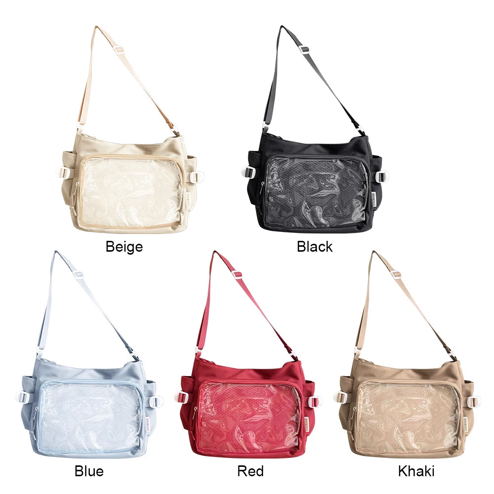 Women Ita Bag Japanese Style Shoulder Purse with Clear Window Teenagers School Bag Multi-pockets Adjustable Strap Chic Hobo Bag
