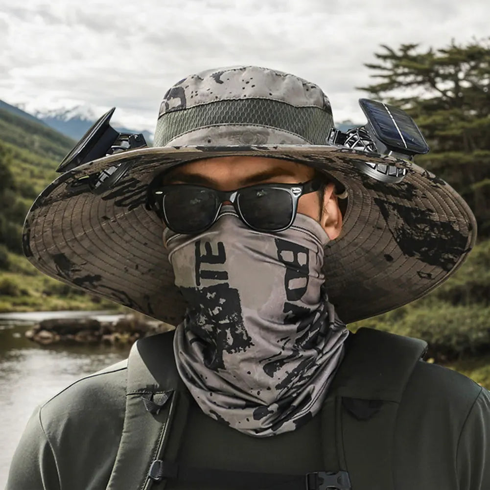 Wide Brim Outdoor Sun Hat with 2 Solar Fan Wide Brim Bucket Hat Fisherman Hat for Men Swim Hat Outdoor Fishing Hat USB Charging