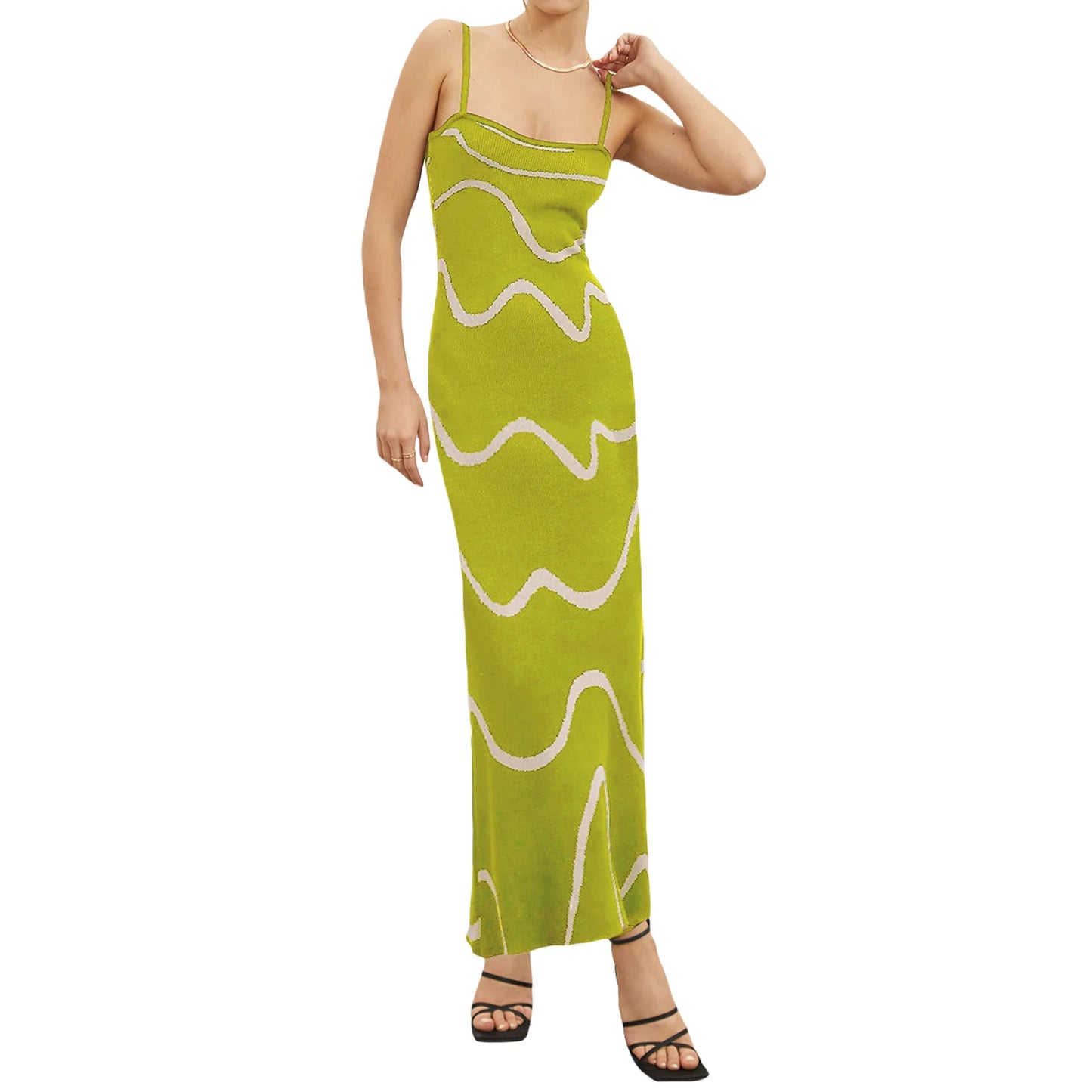 Women s Summer Cami Knit Dress Wavy Print Spaghetti Strap Open Back Party Midi Dress