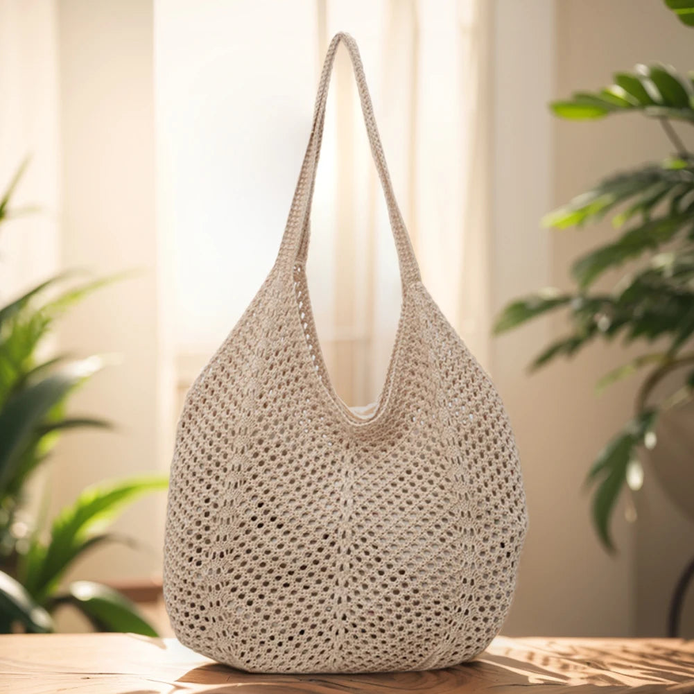 Women Knitting Shoulder Bag Solid Color Hollow Summer Bag Large Capacity Knitted Tote Handbag Ladies Daily Handbag