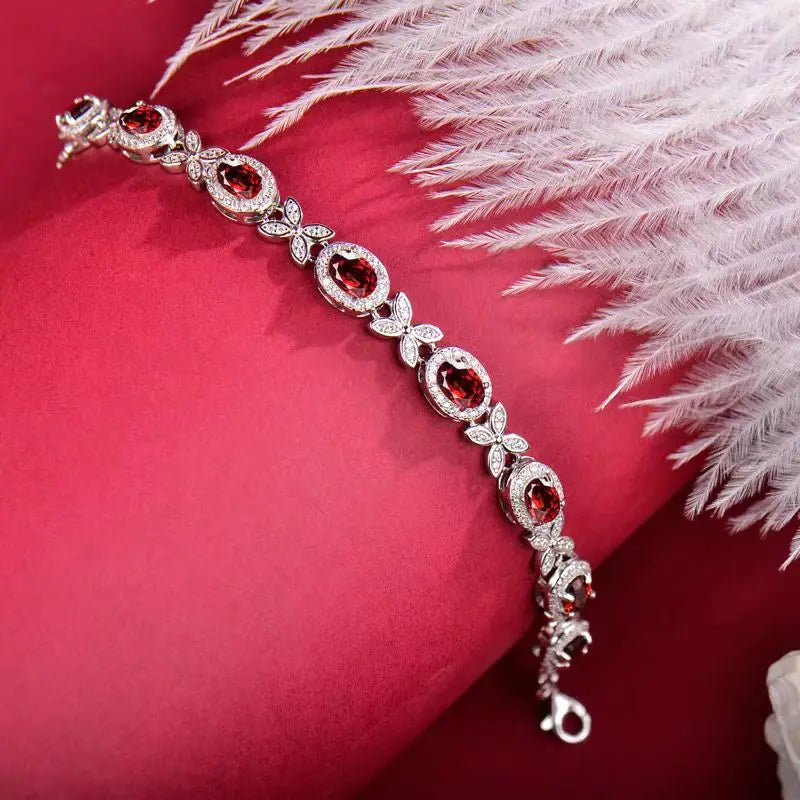 925 silver electroplated white gold inlaid with 6.8 carat natural garnet, fashionable bracelet for men and women "Mother