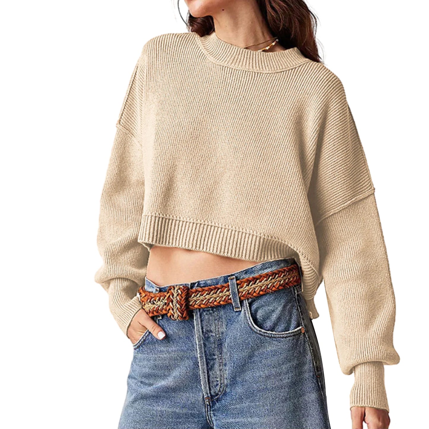 Women Solid Color Stripe Knit Sweater Crew Neck Long Sleeve Loose Pullovers Spring Fall Casual Jumpers Streetwear