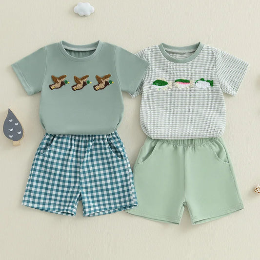 Infant Boy Outfit Set with Cute Animal Embroidery Short Sleeve Tee and Stylish Plaid Shorts for Summer 2 Piece Set