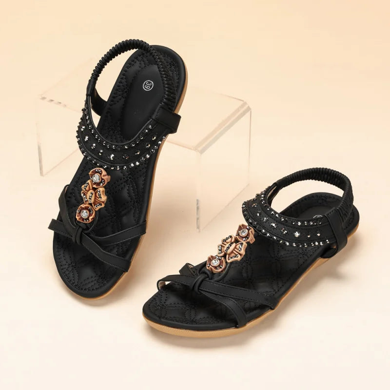 Women'S Sandals Bohemian Style Flat Shoes Suitable For Outdoor Beach Shoe Diamond-Studded Casual Fashion With Skirt Black White