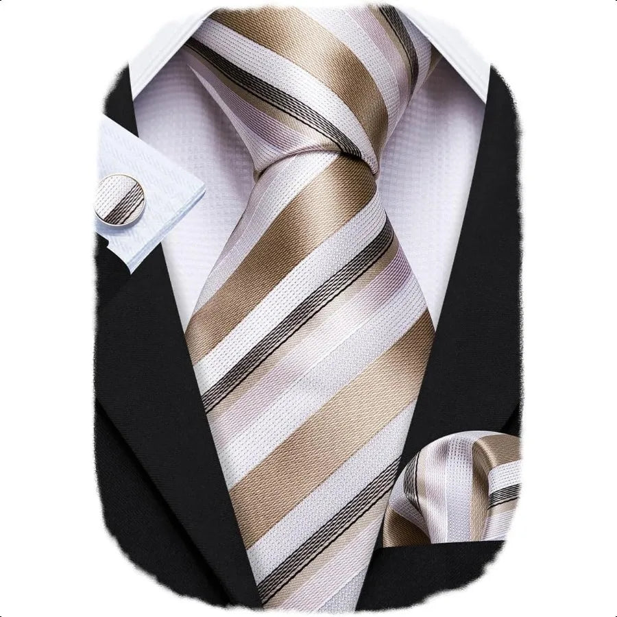 Barry.Wang Man Stripe Ties Set Silk Woven Pocket Square Necktie Cufflinks Formal Party Business