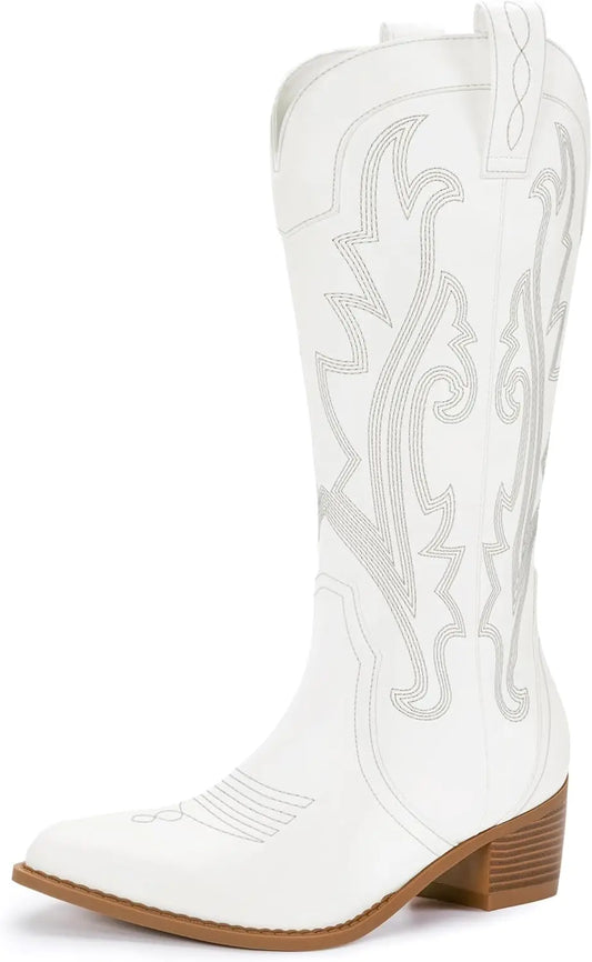 Women's Cowboy Boots Western Cowgirl Boots Fashion Embroidered Pointed Toe Chunky Heel Mid Calf Boots