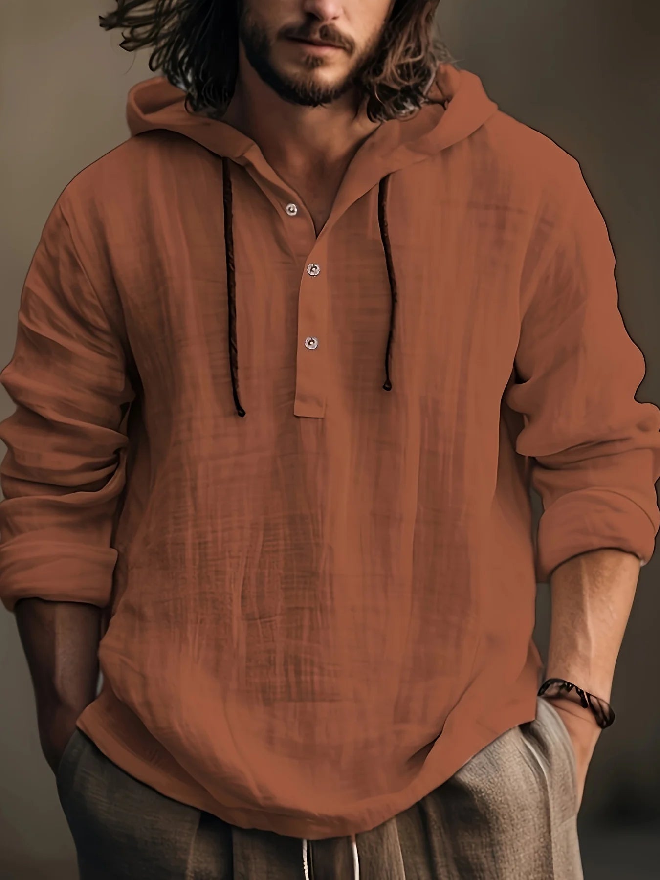 Men's spring and autumn cotton and linen shirt with hooded sweatshirt long sleeve casual and comfortable daily wear