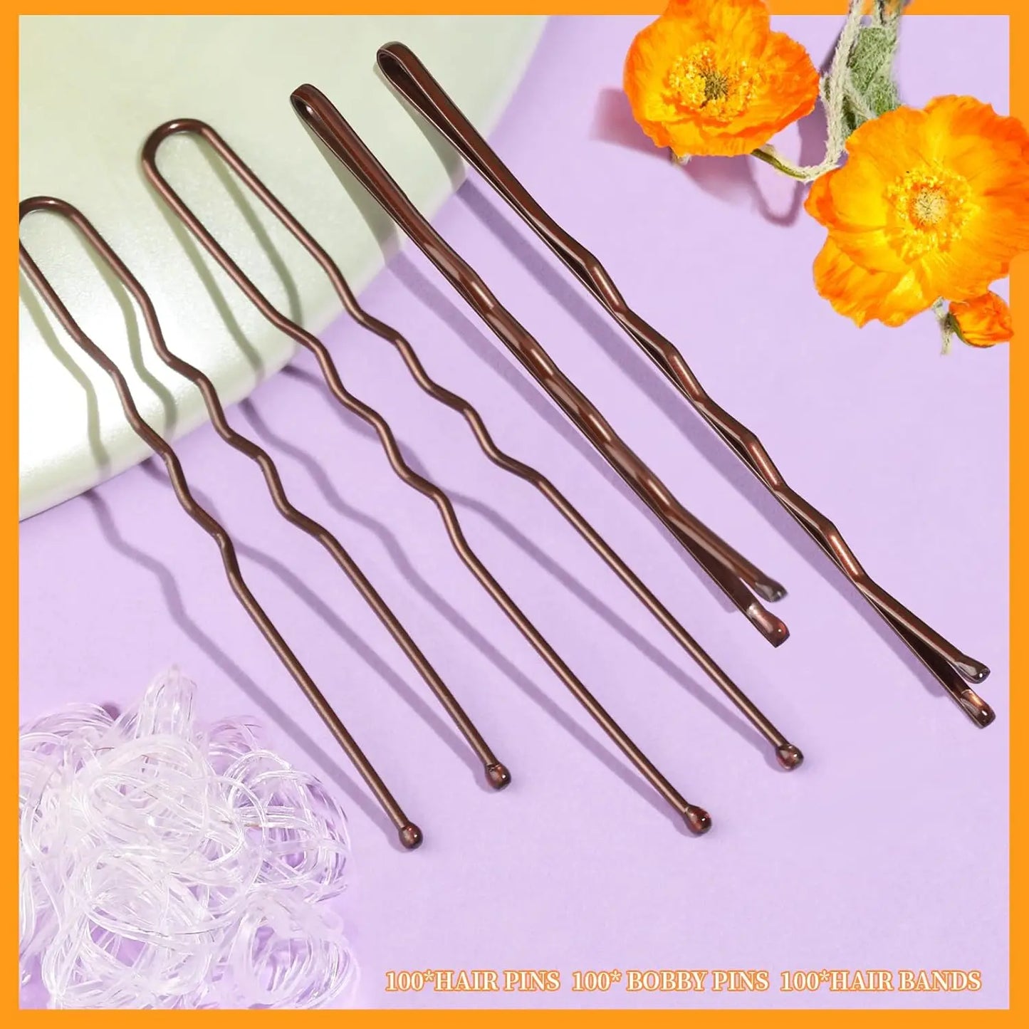 300 Pieces Bobby Clip Hair Clip Kit, 100 Hair Clips for Women, 100 Bobby Pins for Brown Hair and 100 Hair Bands