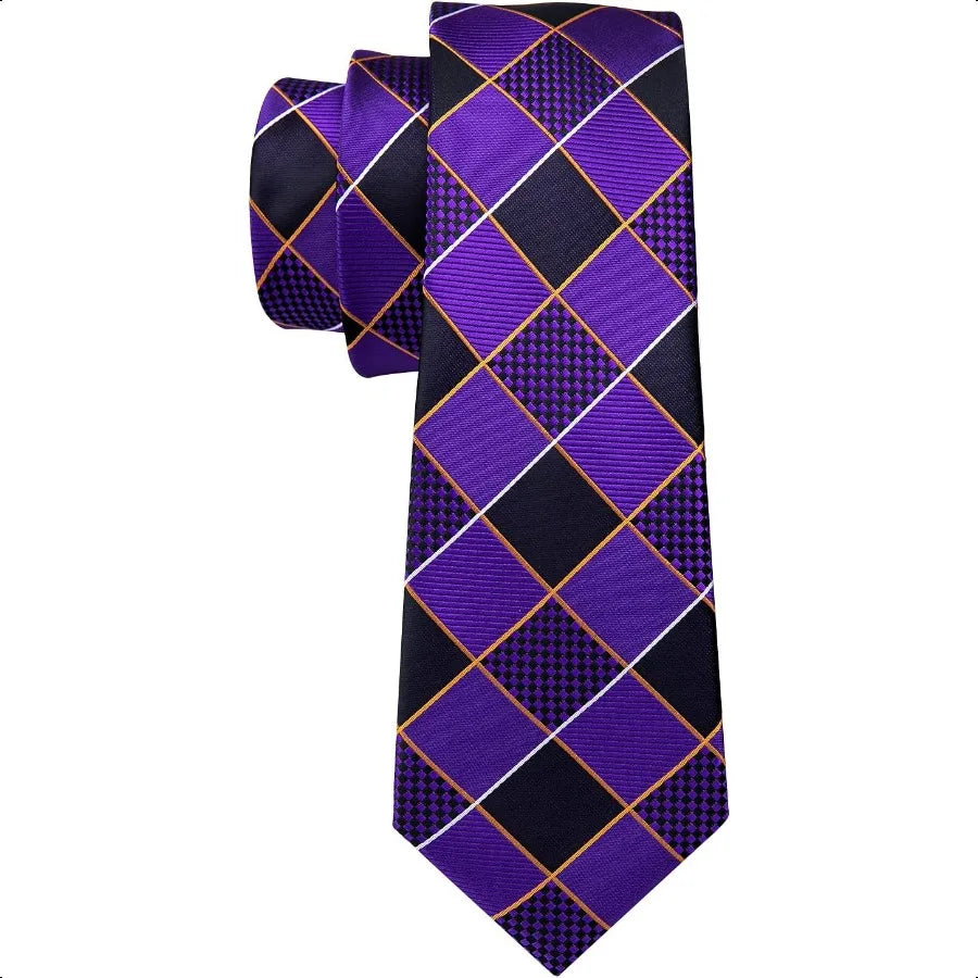 Barry.Wang Plaid Ties Check Mens Necktie Set with Handkerchief Cufflinks Classic Stripe