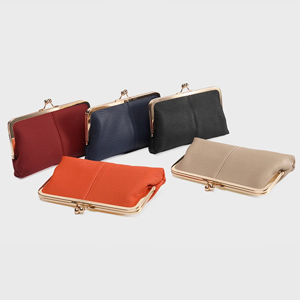 Genuine Leather Vintage Kiss Lock Wallet Large Capacity Long Card Holder Double Clip Travel Wallet Key Card Storage Bag