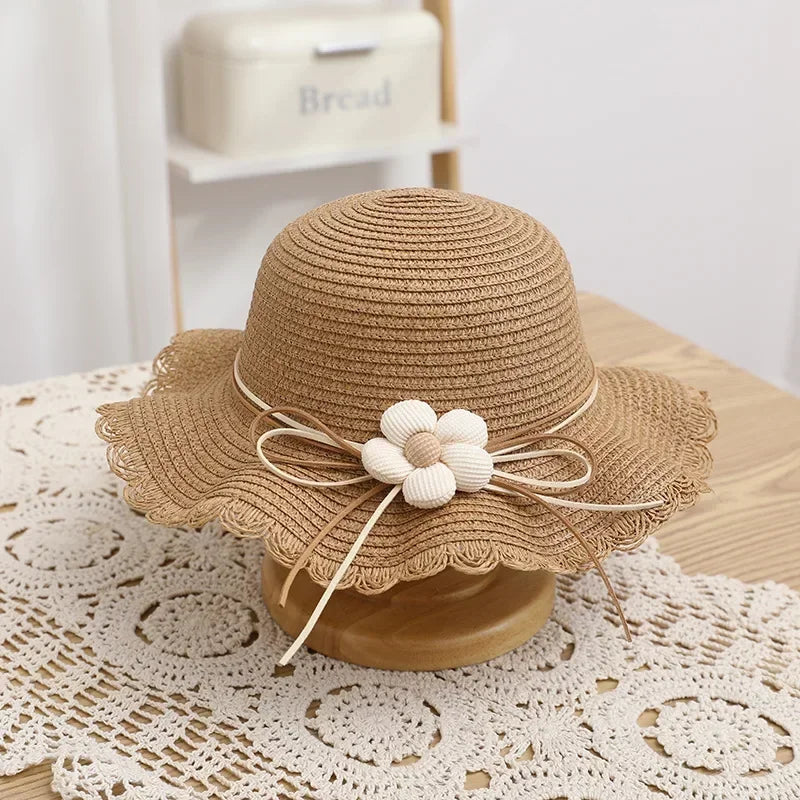 Summer Baby Girl Straw Hat Solid Color Lace Ruffle Kids Fisherman Cap Outdoor Beach Caps Sunshade Wide-brim Bucket Hats