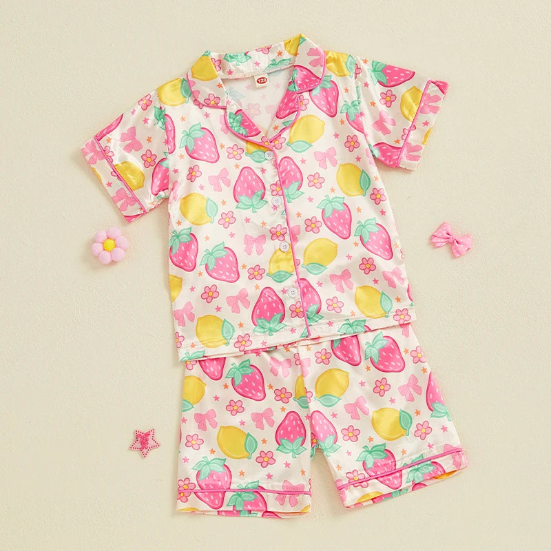 Girls Cute Summer Pajama Set with Bow Detail Fruit Print Lapel Collar Short Sleeves Button Down Top Shorts and Satin