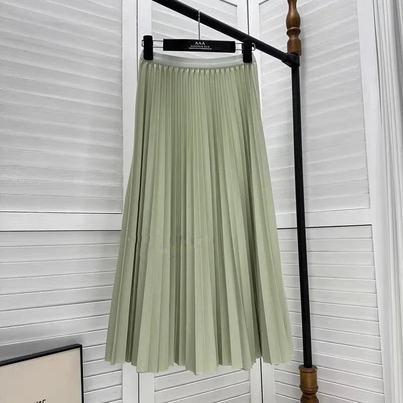 2025 Women Elegant Pleated Skirt High Waist Women Mid-long Skirt Female Ladies High Quality Women Midi Skirt Black Saia