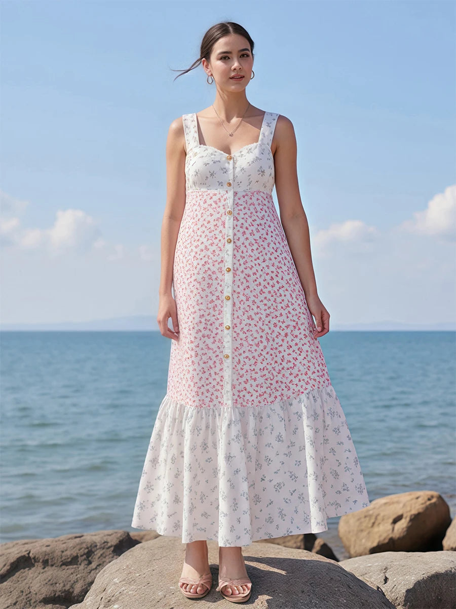 Women V-Neck Maxi Dress Sleeveless Floral Print Summer Dress with Ruffle Hem for Beach Vacation or Evening Party Wear