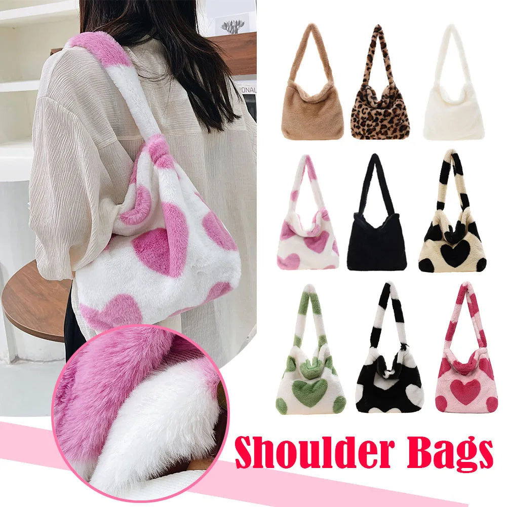Women Fashion Plush Shoulder Bag Large Capacity Heart Fluffy Commuting Bag Simple Shopping Bag Furry Messenger Bag Chic Hobo Bag